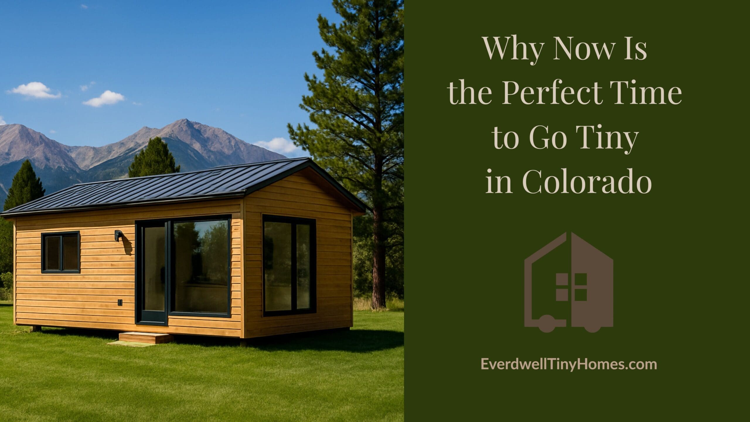 A modern tiny home nestled in a Colorado backyard, surrounded by summer greenery, with mountains in the background—showcasing a peaceful, practical accessory dwelling unit (ADU) for multi-generational living.