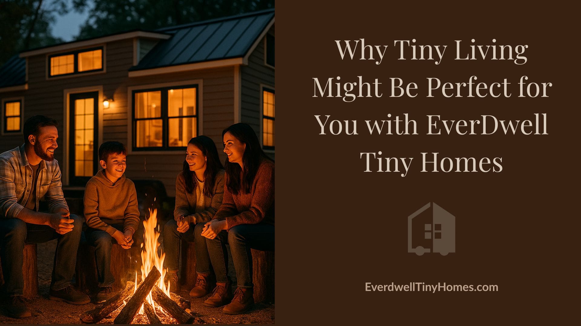 A family sits around a warm campfire outside a cozy modern tiny home at twilight, with the house softly glowing in the background and pine trees surrounding the scene.