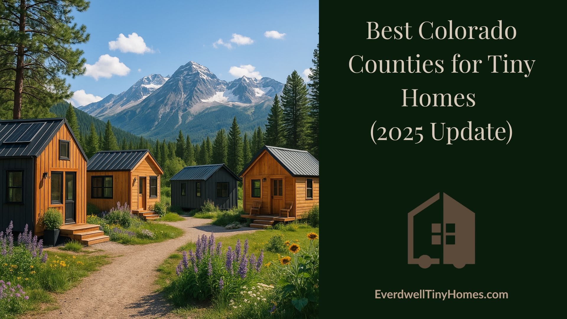 Photo-realistic image of a tiny home community in Colorado, featuring modern wood-and-metal tiny homes surrounded by pine trees, mountain views, and walking paths under a clear blue sky.