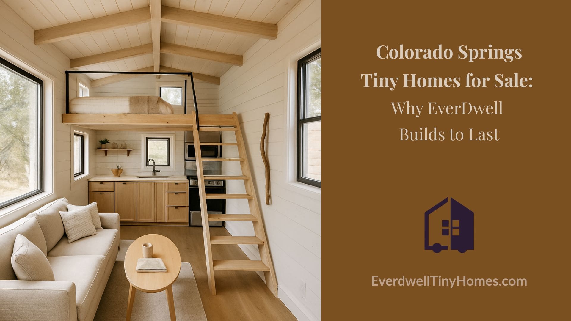 Modern tiny home interior with natural light, minimalist kitchen, and cozy living space.