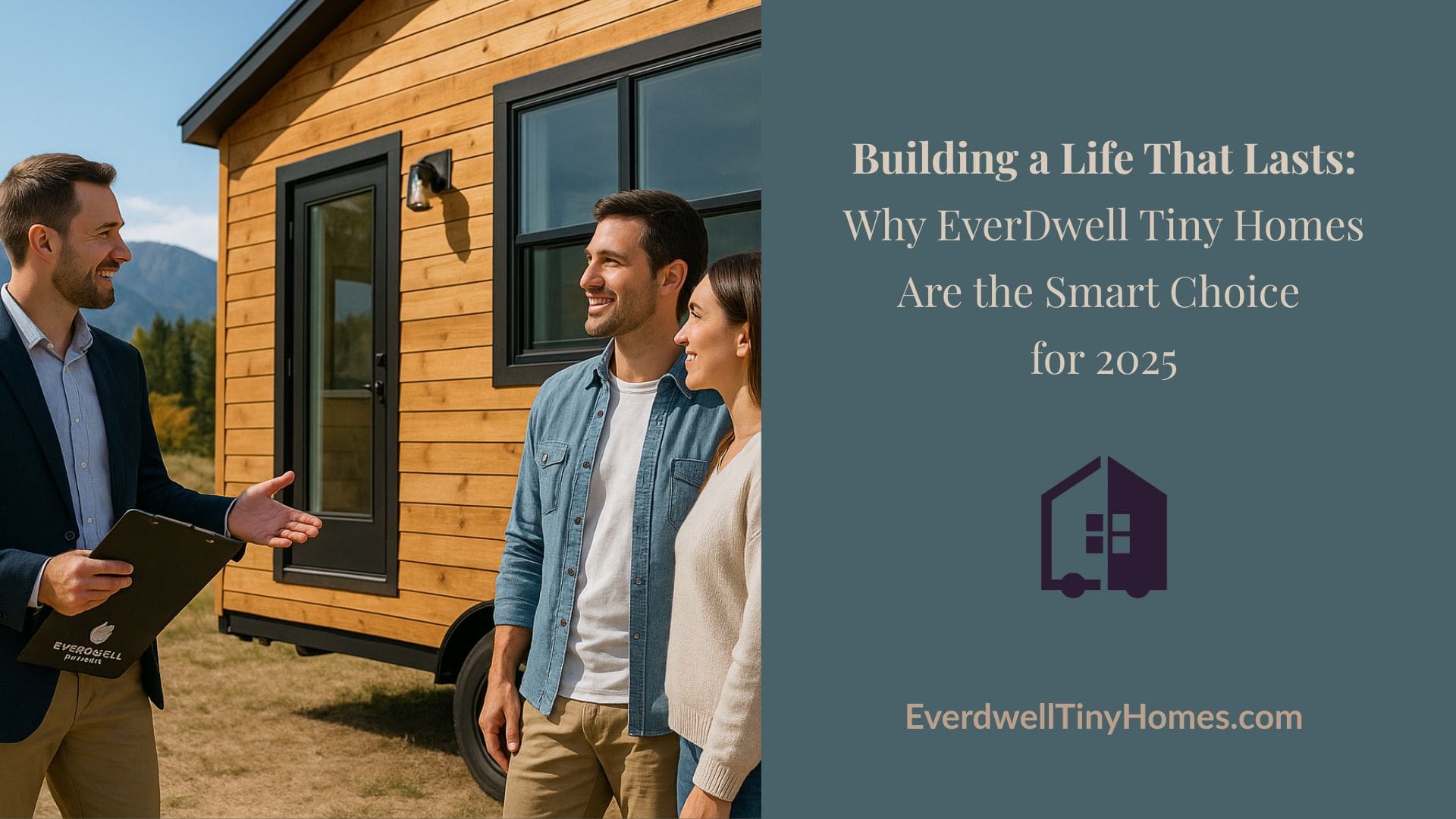 A smiling EverDwell Tiny Homes sales representative stands outside a modern wood-sided tiny home in Colorado, speaking with a couple under clear mountain skies. The scene conveys warmth, professionalism, and the spirit of intentional living.